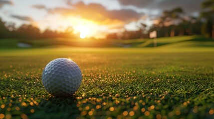 Sunset on the golf course with close-up of golf ball on the tee, a serene summer evening
 - obrazy, fototapety, plakaty
