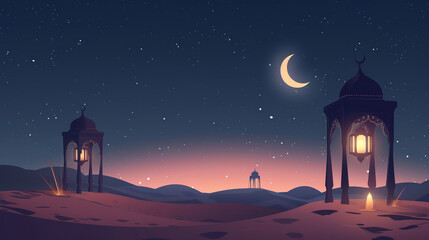 night at the mosque at the desert vector illustration - obrazy, fototapety, plakaty
