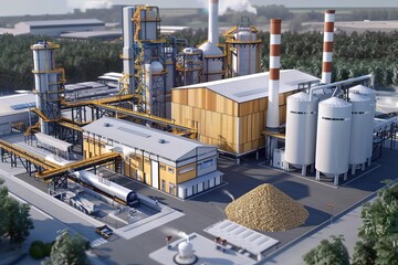 industrial biomass wood pellet production plant 3d rendering - obrazy, fototapety, plakaty