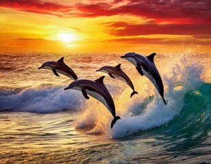 Delfine springen über Wellen im Meer bei farbintensivem Sonnenuntergang