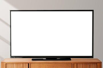Smart TV screen png transparent mockup on a wooden table