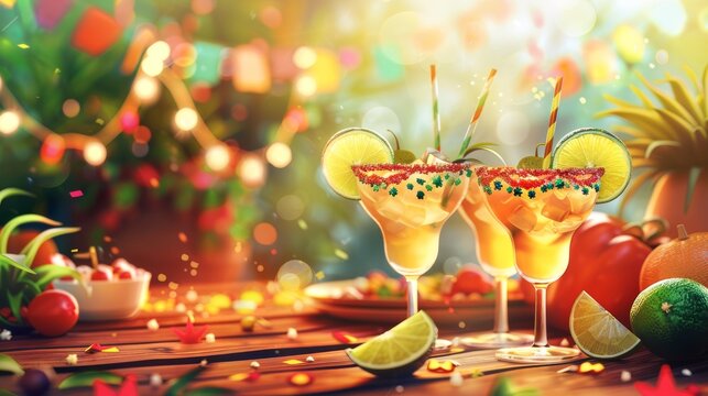 Two Margaritas on Table With Fruit and Confetti