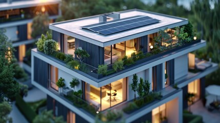 Eco-friendly modern apartment building with rooftop garden at sunset