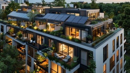 Eco-friendly modern apartment building with rooftop garden at sunset