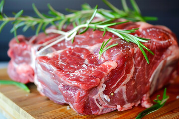 Fototapeta premium Raw red meat on a wooden board. Fresh meat from grass-fed and free-range animals