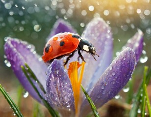 Naklejka premium Der Marienkäfer auf dem Krokus