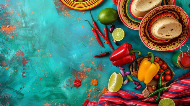 Mexican Food Painting on Blue Background