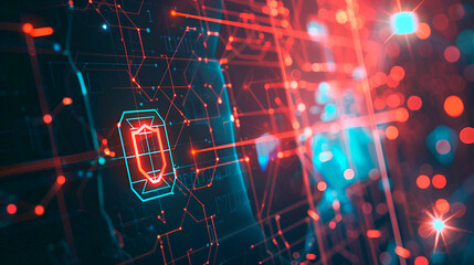 Cybersecurity theme, main object is a firewall icon on the left, surrounding details include network nodes, composition is balanced, lighting is high contrast, copy space on the right