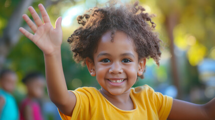 cute smiling sunlit black child waving hand in greeting in the park