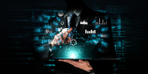 Business person delve into data analytics to uncover trends and insights from predictive big data...