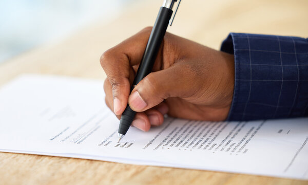 Business man, hands and writing on HR contract for accounting and job application in office. Paperwork, pen and corporate document on table with working and signature for hiring at finance firm