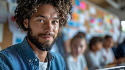 A high-resolution image of a teacher in a contemporary classroom, holding a tablet that vividly displays an interactive digital textbook with multimedia content and diagrams.