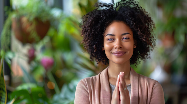 charming young black woman with elegant facial features clasps hands together for prayer and looks with a look full of faith