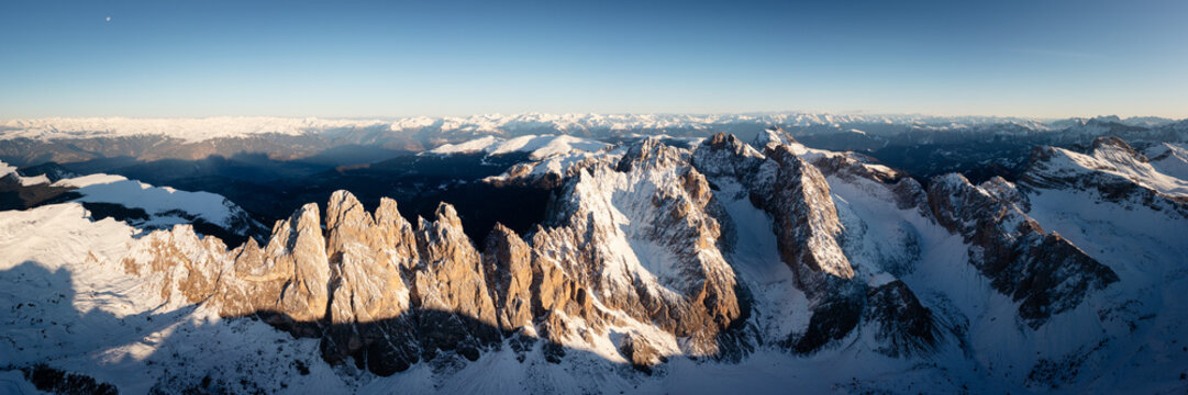 Seceda Ridgeline aerial in Winter Dolomites Italy