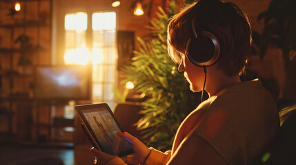 A user browsing personalized game recommendations on a tablet, wearing a gaming headset in a softly lit room. , natural light, soft shadows, with copy space - obrazy, fototapety, plakaty