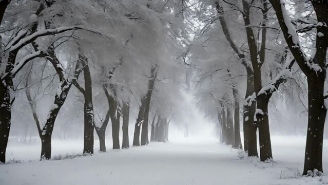 Row of trees in Winter with falling snow