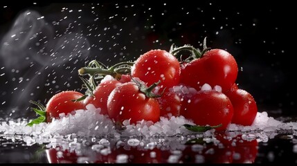 Vibrant Red Tomatoes Sprinkled with Salt on a Stylish Black Background - obrazy, fototapety, plakaty