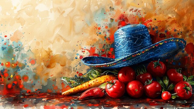 Painting of a Hat and Vegetables on a Table