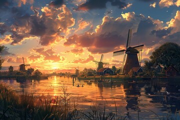 Traditional village with dutch windmills and river at sunset - obrazy, fototapety, plakaty