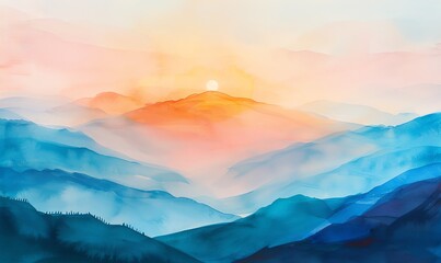 Capture the serene beauty of a traditional watercolor painting portraying a high-angle view of a colorful sunrise over a tranquil mountain summit, highlighting soft pastel hues and delicate brushstrok