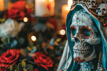 Traditional Dia de los Muertos celebration featuring La Llorona and La Santa Muerte with a decorated Mexican skull