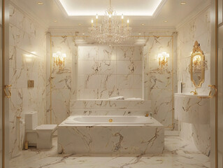 Stunning bathroom with luxurious marble tile and elegant crystal chandelier, creating a glamorous atmosphere.