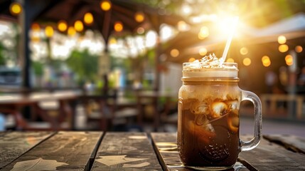 Glass of a iced coffee with cream milk Cold brew coffee drink with ice Early morning sun light Copy space. Copy space image. Place for adding text or design - obrazy, fototapety, plakaty