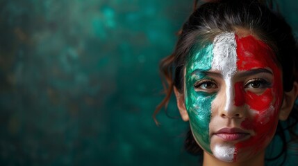 beautiful woman with face painted with the flag of Italy. concept olympic games, sports event