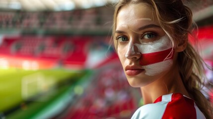 beautiful woman with face painted with the flag of Poland. olympic games concept