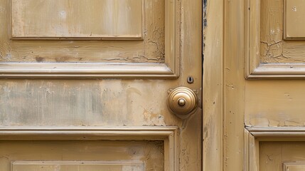 The image showcases a weathered, gold-toned wooden door with peeling paint, standing as a testament to time and history. The door is closed and appears to have seen better days, adding an air of rusti