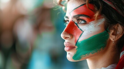 beautiful woman with face painted with the flag of Palestine. concept olympic games, sports event