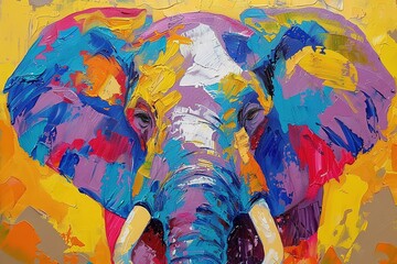 Animal head, portrait, art - Colorful abstract oil acrylic painting of colorful elephant, pallet knife on canvas