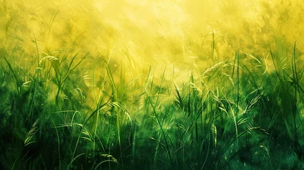 Tuinposter Closeup of abstract green yellow gold meadow grasses field texture background illustration © Boraryn