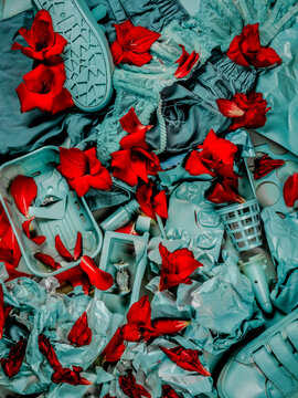 Blue garbage with red flowers