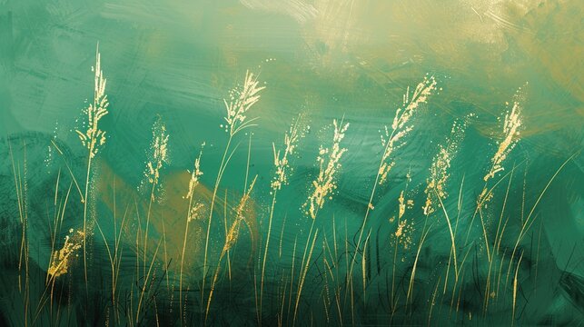 Closeup of abstract green yellow gold meadow grasses field texture background illustration