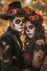Dia de los Muertos themed portrayal of a male and female dressed as Catrina and Catrin with sugar skull makeup