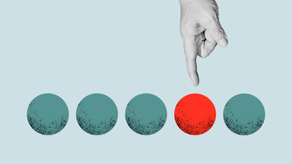 Concept of difference, diversity, individuality, outstanding or unique. Red ball stands out from...