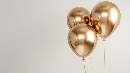 Elegant golden balloons with reflective surface on a serene white background