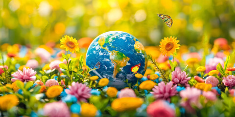 Earth nestles in a lush field of vibrant blooms, symbolizing unity and ecological diversity. A...