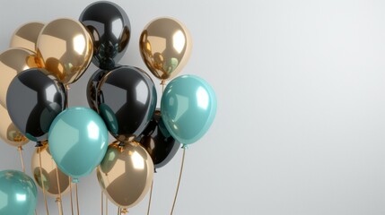 Elegant array of helium balloons in gold, black, and teal for a festive celebration atmosphere