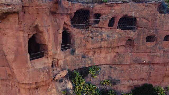 Aerial view of the hundred pillars cave an ancient hermitage carved in the rock in Arnedo, La Rioja, Spain. High quality 4k footage