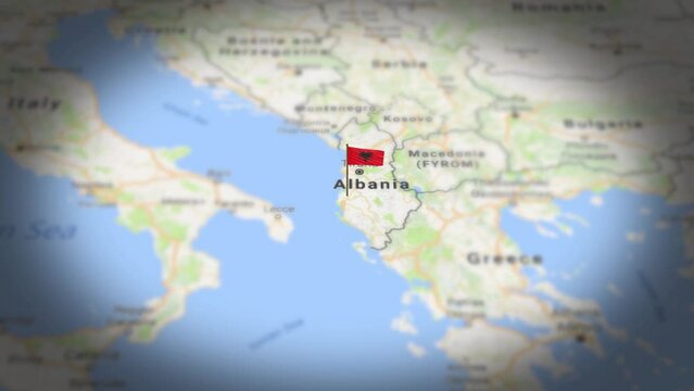 Albania flag showing on world map with 3d animation