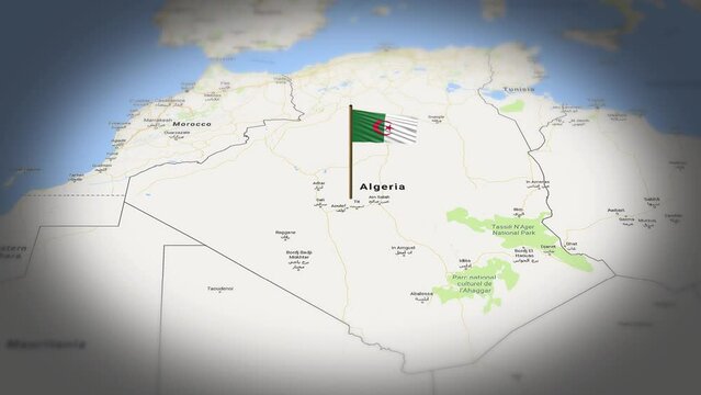 Algeria flag showing on world map with 3d animation