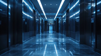 Futuristic office corridor with neon blue lighting creating a sleek and modern business atmosphere