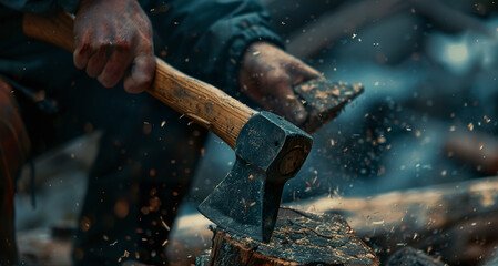 A close-up of someone chopping firewood with an ax shows the intense, physical action involved in this task. An ax over the firewood, dividing it into smaller pieces. - obrazy, fototapety, plakaty
