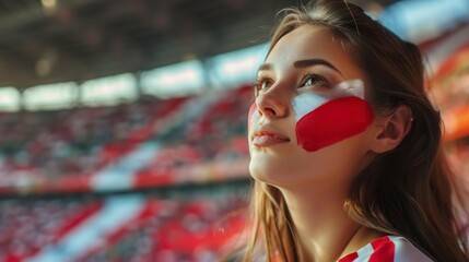 beautiful woman with face painted with the flag of Poland in a stadium
