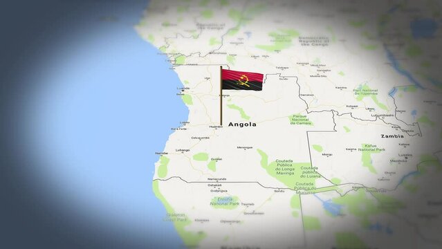 Angola flag showing on world map with 3d animation
