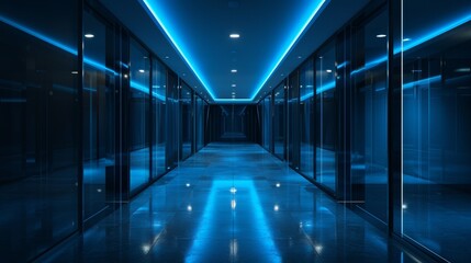 Futuristic office corridor with neon blue lighting creating a sleek and modern business atmosphere