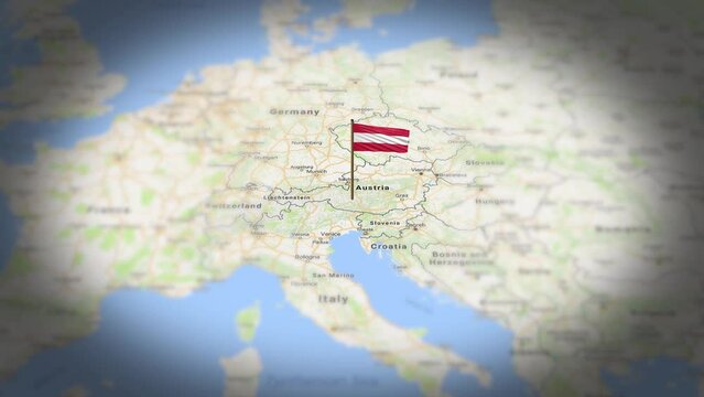Austria flag showing on world map with 3d animation
