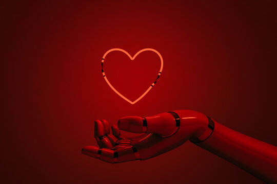 Robot hand holding a Neon heart